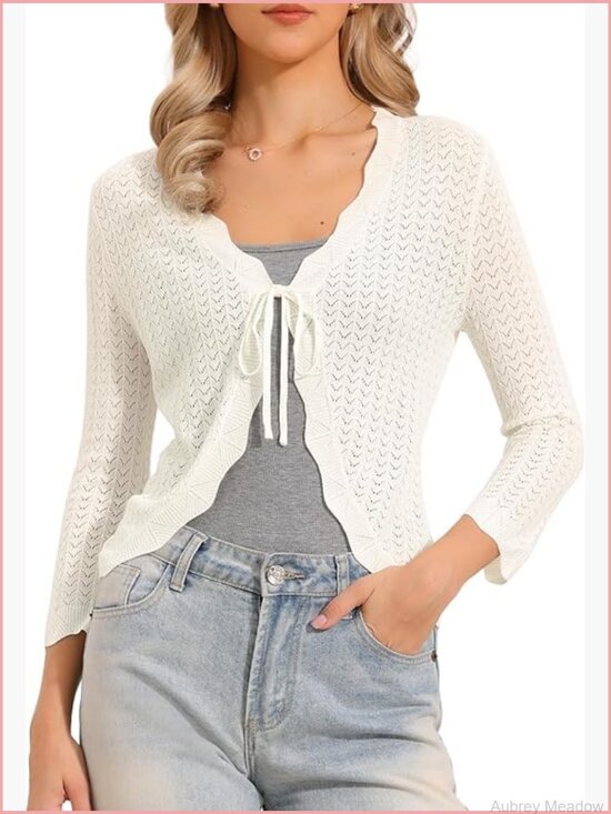 Sweaters - Crochet Tie Front Cardigan Bolero Shrug 3/4 Sleeve